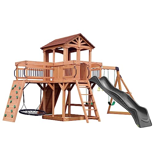 Backyard Discovery Sterling Point Cedar Wood Swing Set with Wave Slide, Raised Clubhouse, Wooden Bridge, Rock Wall, Belt S...