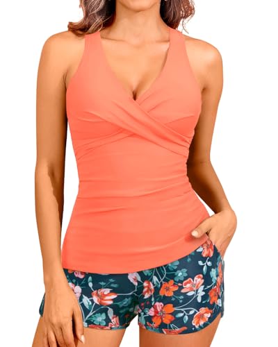 Women Tankini Swimsuits with Shorts - Two Piece Tummy Control Bathing Suits Top with Two Pockets Bottom Swimwear