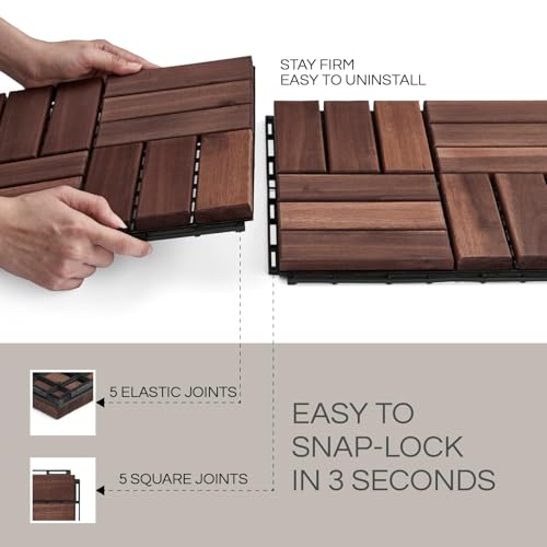 THYOI 10 Pcs Deck Tiles, Patio Flooring - Outdoor Waterproof Acacia Wood Tiles for All Weather Use - Balcony, Backyard, In...