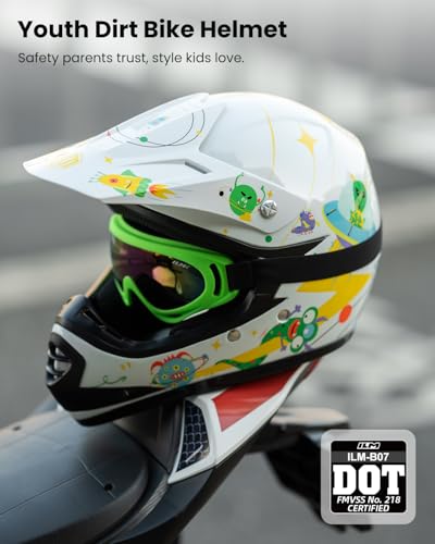ILM Youth Kids ATV Motocross Helmet Goggles Sports Gloves Dirt Bike Motorcycle Off Road DOT Approved B07(Youth-M, Alien Wh...