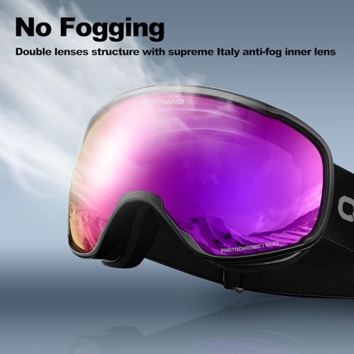 Odoland Photochromic Ski Goggles for Sunny and Cloudy Days, Anti-Fog OTG UV Protection Snowboard Goggles for Men Women Youth