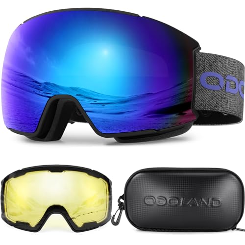 Odoland Magnetic Interchangeable Ski Goggles Set with 2 Lens, Anti-Fog UV Protection Snowboard Snow Goggles for Men Women