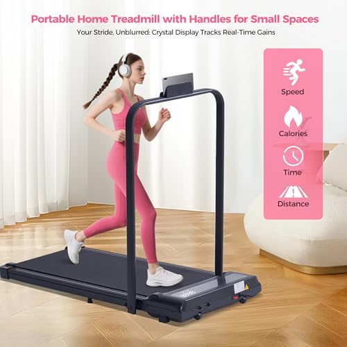 Portable Treadmill with Handles, 0.6-6.2MPH Compact Walking Pad with Handle Bar, 3.0HP Electric Walking Pads Treadmills fo...