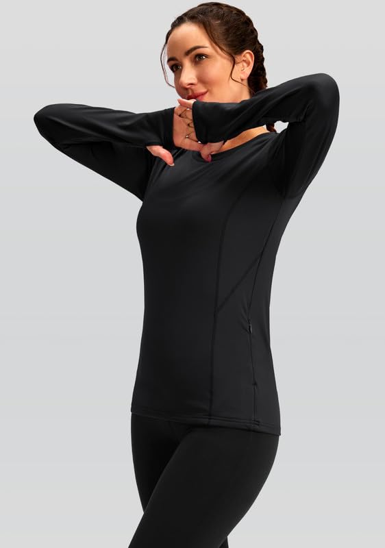 Women's Thermal Fleece Tops Long Sleeve Workout Shirts Running Athletic Base Layer with Thumb Holes Zipper Pocket
