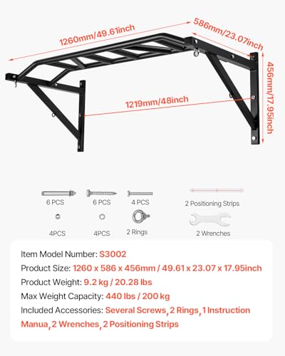 VEVOR Pull Up Bar, Multi-Grip Wall Mounted Pull Ups, 50 in Width Multifunctional Chin Up Training Station, Heavy Duty Stee...