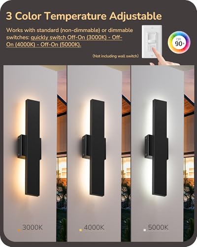 EDISHINE 2 Pack LED Outdoor Wall Lights Dimmable, 3000K 4000K 5000K, 15.7" Modern Black Outdoor Wall Sconce, IP65 Waterpro...