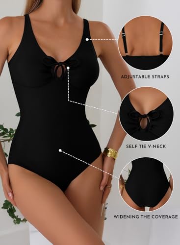 Aleumdr Tummy Control One Piece Bathing Suit for Women V Neck Tie Front Cutout Swimsuit High Cut Slimming Swimwear