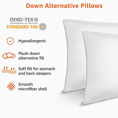 Amazon Basics Down Alternative Pillow for Back Side Sleepers, Medium Density, Standard Size, 26" x 20", 2-Pack, White