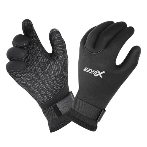 XUKER Neoprene Water Gloves, Winter Fleece-Lined 3mm Five Finger Warm Wetsuit Winter Gloves for Scuba Diving Snorkeling Su...