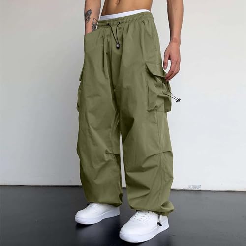 Mens Baggy Cargo Pants Elastic Waist Comfort Fashion Parachute Pants Solid Drawstring Athletic Lightweight Joggers Trousers