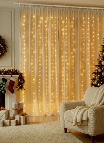 Brightown 300 LED Curtain String Lights, 9.8 FT Hanging Fairy Lights with Remote, 8 Modes, Waterproof Window Lights for Be...