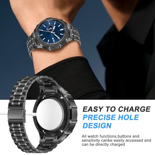 BAITEYOU Stainless Steel Bands with Case Compatible with Samsung Galaxy Watch 7 44mm, Rugged Protective Case Cover and Met...
