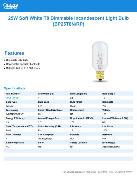 Feit Electric 25W Incandescent Light Bulb, Soft White, Glass, Model Bp25T8N, 1 Count