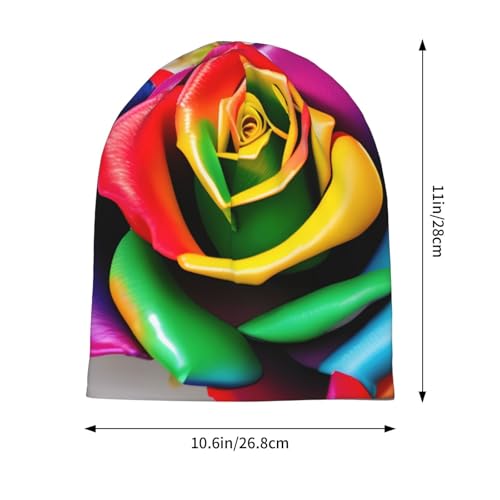 Rainbow Rose Flower Print Beanie Hat for Men and Women Stretchy Slouchy Winter Warm Cap Headwear Accessory