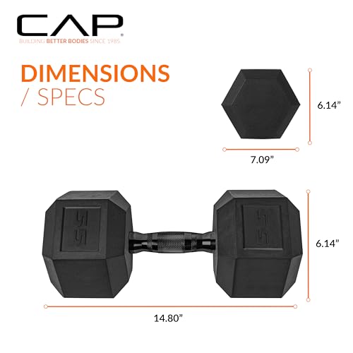 CAP Barbell 55 LB Rubber Coated Hex Dumbbell Hand Weight - Pair | Black Handle