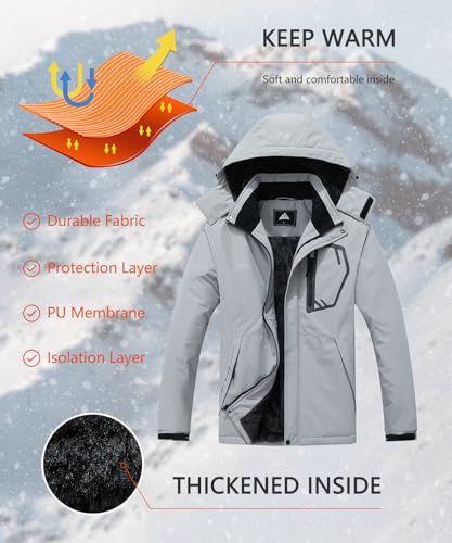 MAOYSSEN Men's Waterproof Ski Jacket — Padded Warm Lined Winter Jacket, Detachable-Hood Parker Windproof Jacket