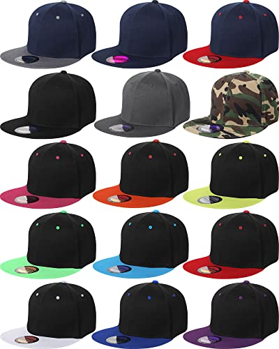 15 Pack Snapback Hats for Men Hip Hop Style Solid Baseball Hats Adjustable Snapback Cap Flat Brim Baseball Caps