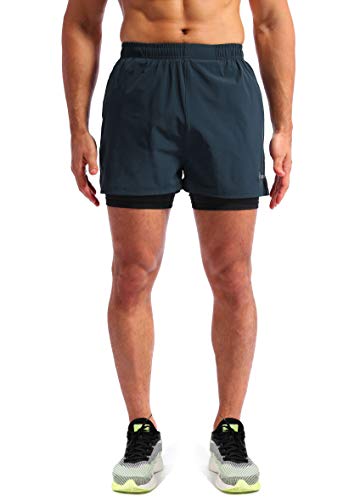 Pudolla Men’s 2 in 1 Running Shorts 5" Quick Dry Gym Athletic Workout Shorts for Men with Phone Pockets