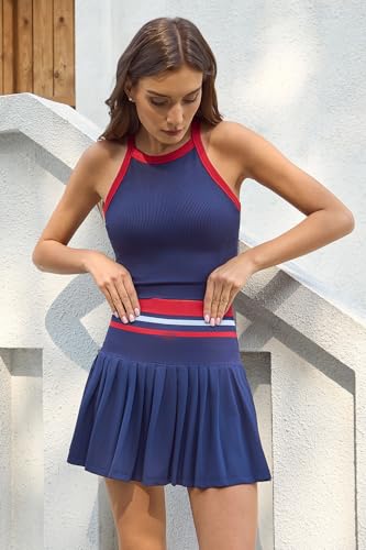 QINSEN Tennis Skirt Set for Women High Waisted Pleated Athletic Pickleball Skirt with Shorts Padded Tank Top 2 Piece Outfits