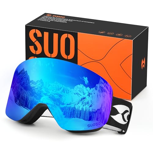 suoso OTG Ski Goggles for Men and Women, Frameless Magnetic Snowboard Goggles Anti Fog UV400 Protection Snow Glasses