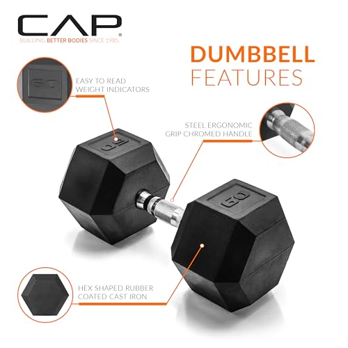 CAP Barbell 60 LB Rubber Coated Hex Dumbbell Hand Weight - Pair | Chrome Handle