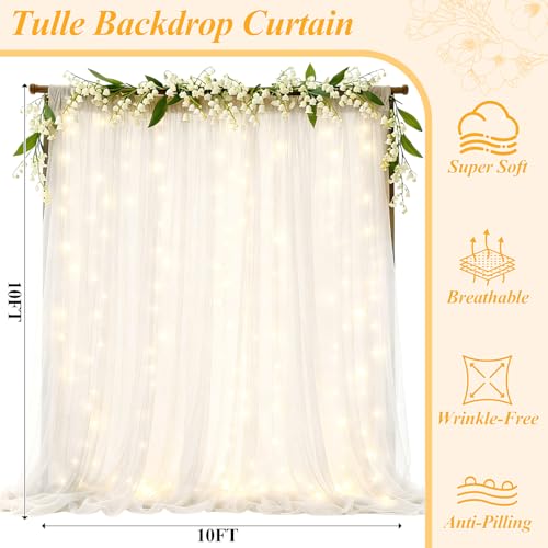 Ledido 2 Pack 10×10ft White Tulle Backdrop Curtains with Lights String - 600LED Fairy Lights Sheer Curtain Backdrop for We...