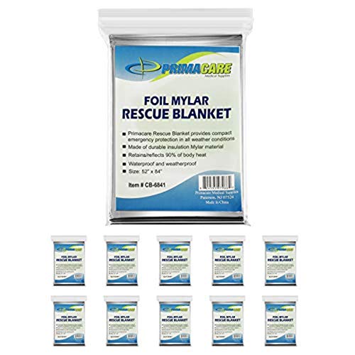 Primacare HB-10 Emergency Mylar Thermal Blankets – 10 Pack, 84" x 52", Silver – Reflective, Waterproof, Retains 90% Body H...