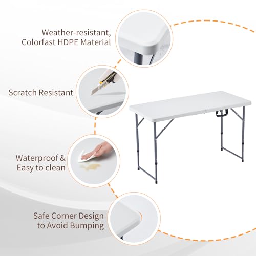 BOOSDEN 4 Foot Folding Table, Portable Rectangle Card Table, Indoor Outdoor Plastic Fold-in-Half Utility Table with Carryi...