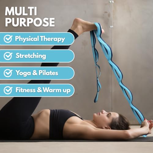 California Yoga Strap | Yoga Belt with Loops | 12 Multi Loop & Non-Elastic | Stretching Strap | Gym Workout & Exercise Ban...