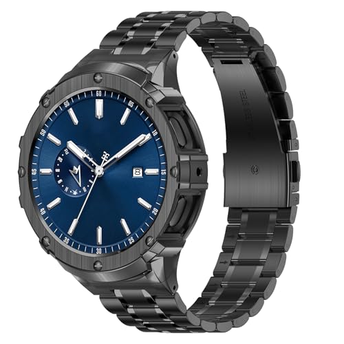 BAITEYOU Stainless Steel Bands with Case Compatible with Samsung Galaxy Watch 7 44mm, Rugged Protective Case Cover and Met...
