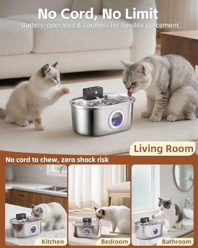 Cat Water Fountain Wireless - Stainless Steel 3.2L/108oz Cordless Pet Fountain - Battery Operated Automatic Water Dispense...