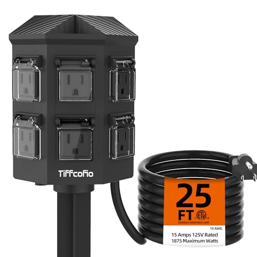 TiFFCOFiO Outdoor Power Strip Weatherproof, 25 FT Extension Cord with Stake, 6 Grounded Outlets for Christmas Yard Decorat...