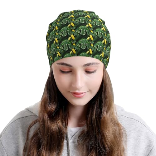sackhg Banana and Palm Print Winter Beanie Hat Men Women Soft Lightweight Thermal Cap for Outdoor Skiing Wear Black