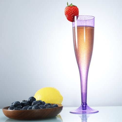Homy Feel 6.5 OZ Purple Glitter Plastic Champagne Flutes 30 Pack, Disposable Wine Glasses for Party,Plastic Champagne Glas...