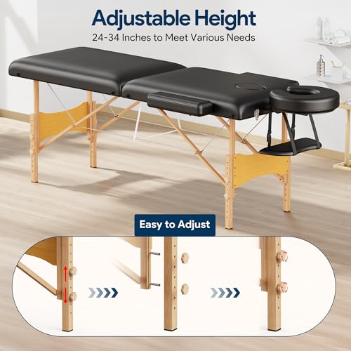 Brelley Massage Table Portable Wooden Lash Bed 24" Wide Adjustable Height 2-Fold Spa Table Foldable Tattoo Bed (Black)