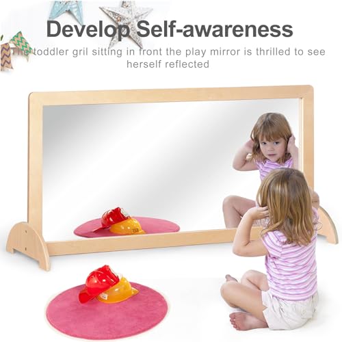 KRAND 3-Position Montessori Wood Frame Non-Shatter Safety Pull Up Bar Baby Big Mirror Set, Infant Coordination Mirror, Kid...