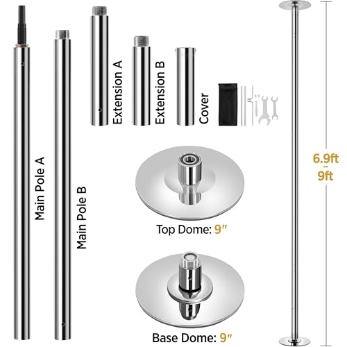 Yaheetech Dance Pole Portable Dancing Pole Height Adjustable 6.9ft-9ft Static Spinning Pole for Apartment, Silver/Argent