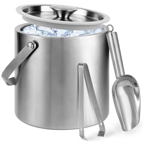Portable Ice Buckets for Parties 3 Liter Double-Wall Ice Buckets with Lid,Scoop,Tongs,Handle -Stainless steel Ice Containe...