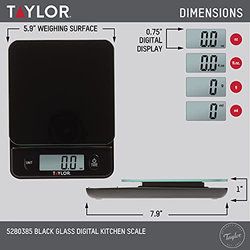 Taylor Glass Top Food Scale with Touch Controls, 11 lb Capacity, Sleek Black Design for Precision Food Measurement in Gram...