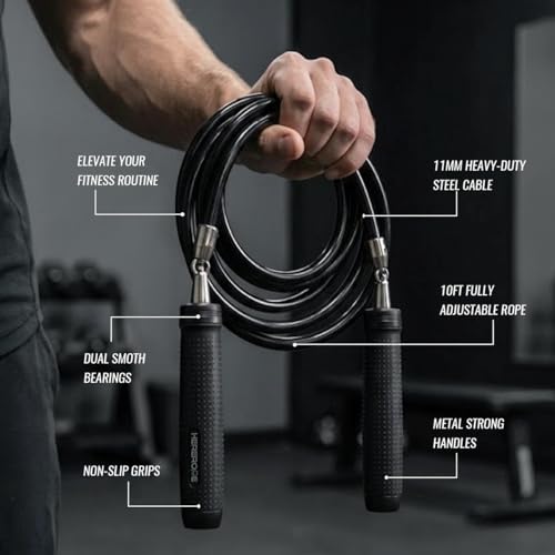 Weighted Jump Rope 1LB for Men & Women - Heavy Duty 11mm Steel Cable, Metal Handles with Smooth Spin, Comfortable Grips & ...