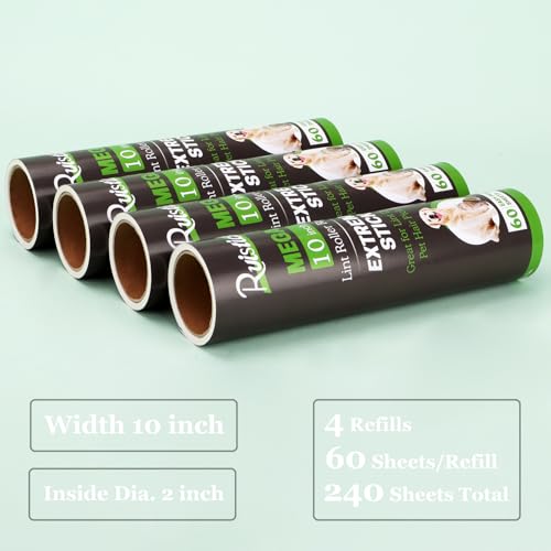 10 inch Lint Roller Refill Compatible with Large Mega 10 in Wide Lint Rollers, Pack of 4 Refills, 60 Sheets per Refill, To...