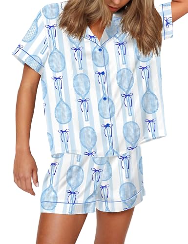 SHESHOW Pajamas for Women Set Satin Button Down Short Sleeve Top and Shorts Pjs Sets Sport Ball Print Sleepwear XS-XXL