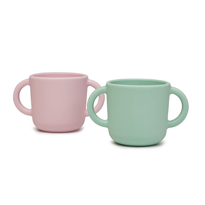 Silicone Training Cup for Infants, Toddler Learning Cup with Two Handles, Baby Open Cup 5oz, 6months+ (green+pink)