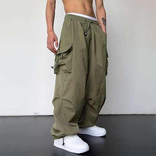 Mens Baggy Cargo Pants Elastic Waist Comfort Fashion Parachute Pants Solid Drawstring Athletic Lightweight Joggers Trousers