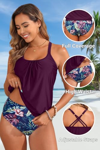 Tempt Me Blouson Two Piece Tankini Swimsuits for Women Tummy Control Bathing Suits with Bottoms Modest Loose Fit Swimwear