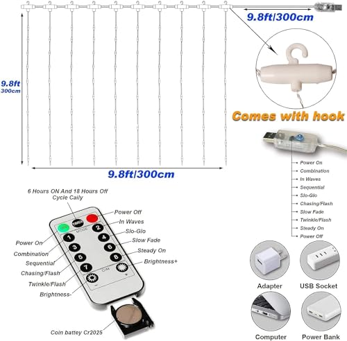 2025 New Fairy Curtain Lights for Bedroom 300LED, Christmas String Lights USB Plug in 8 Modes Wall Hanging Twinkle with Re...