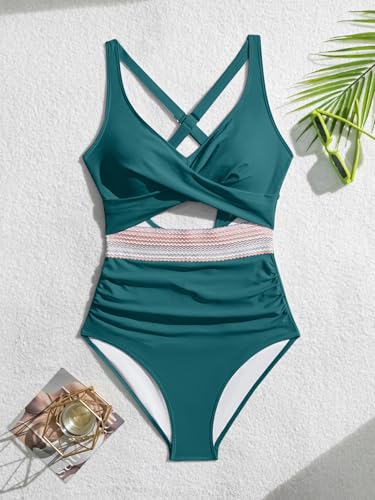 B2prity One Piece Swimsuit for Women Tummy Control V Neck Bathing Suit Color Block High Waisted Cutout Swimwear