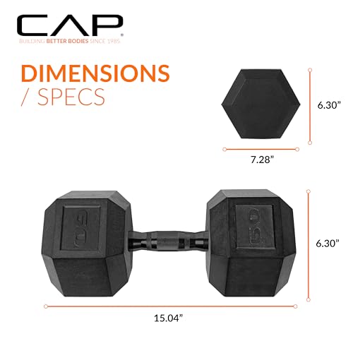 CAP Barbell 60 LB Rubber Coated Hex Dumbbell Hand Weight - Pair | Black Handle