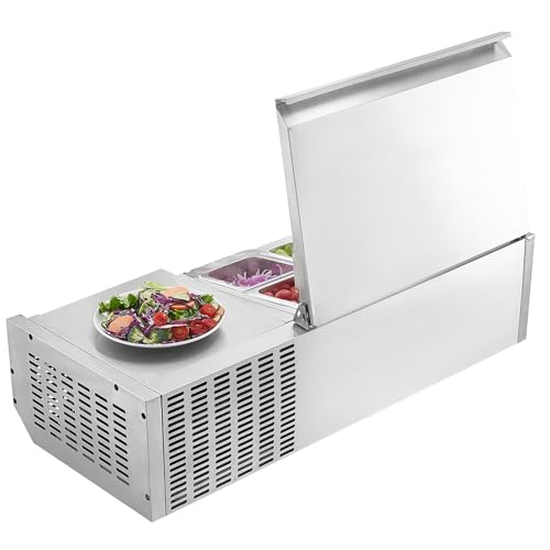 VEVOR Refrigerated Condiment Prep Station, 120 W Countertop Refrigerated Condiment Station, with One 1/3 Pan & Four 1/6 Pans, 304 Stainless Body and PC Lid, Sandwich Prep Table with Stainless Guard