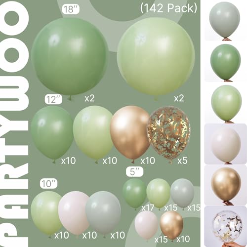PartyWoo Sage Green Balloon Arch Kit Garland 142pcs Different Sizes of 18 12 10 5 Inch Olive Dusty Boho Green Balloons for...